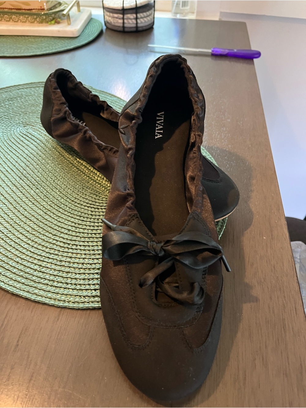 VIVAIA Women's Black Satin Lace Up Ballet Flats US Size 10.5